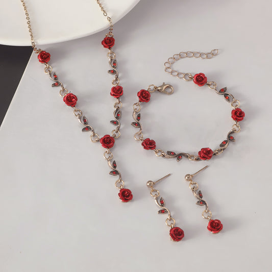 Retro French Rose Flower Bracelet Set Rose Earrings Necklace Jewelry